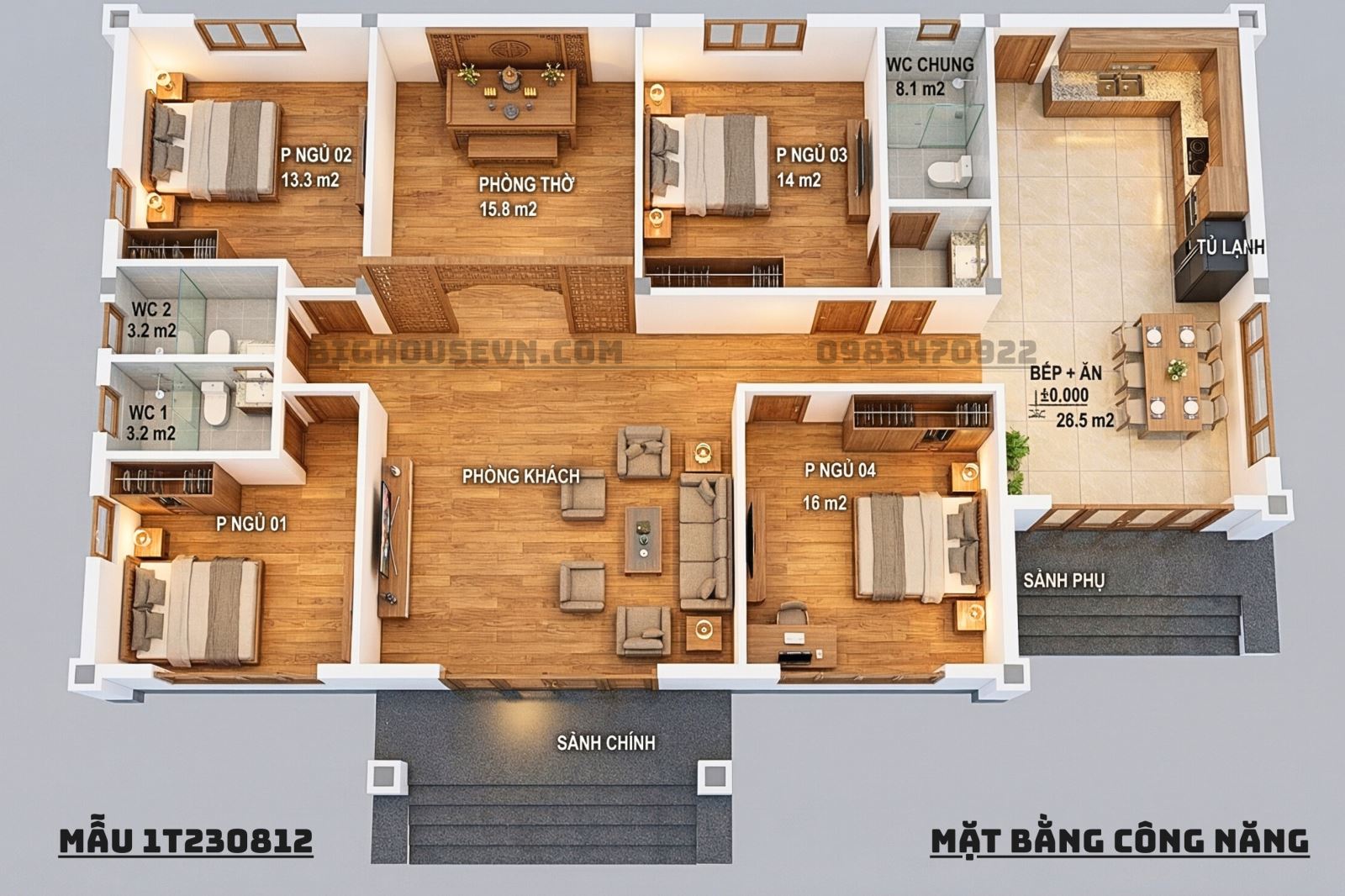 3D công năng nhà cấp 4 mái nhật 4PN - 175m2