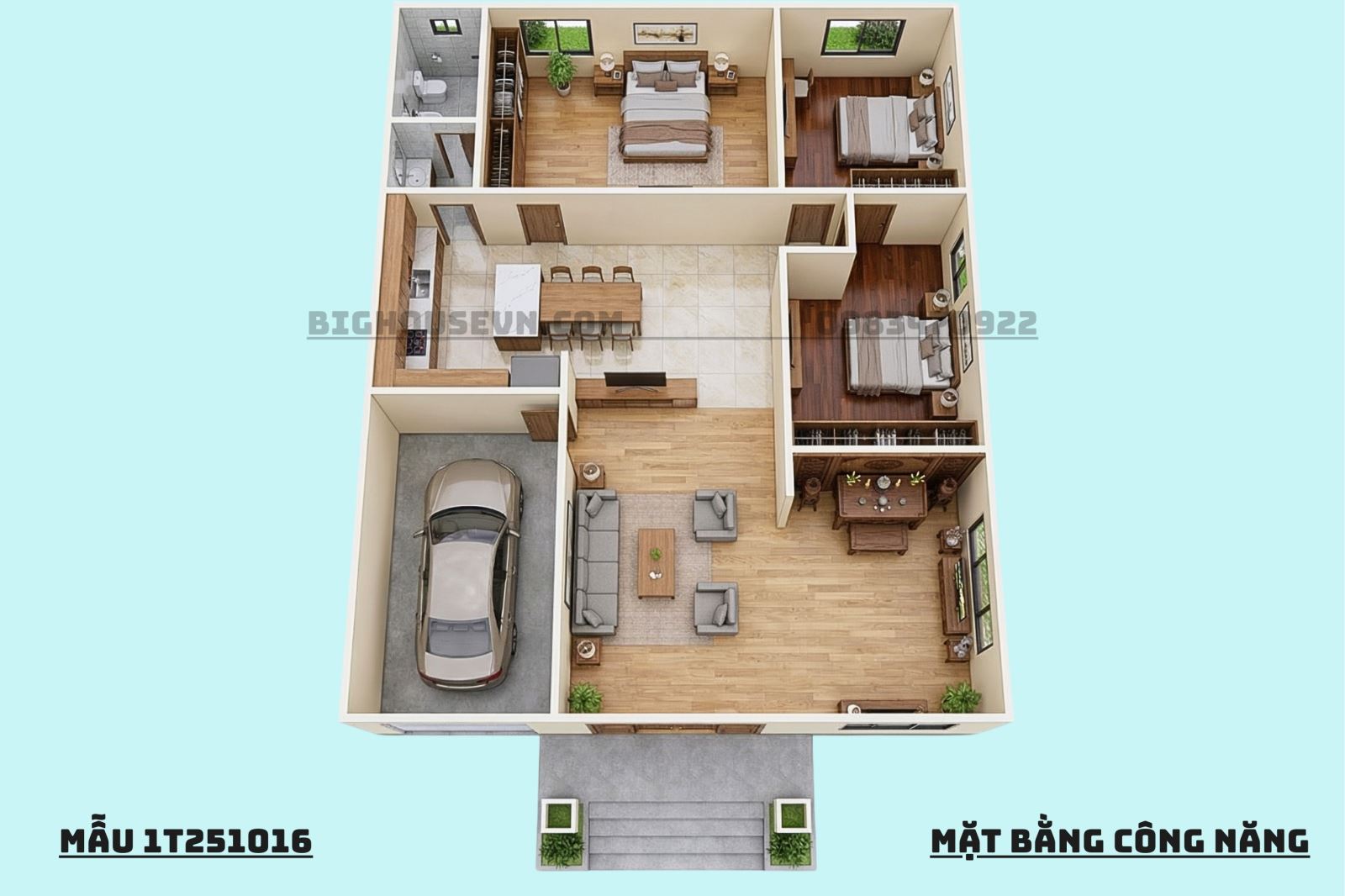 3D Công năng nhà cấp 4 mái nhật 3PN -11 x 13,6m