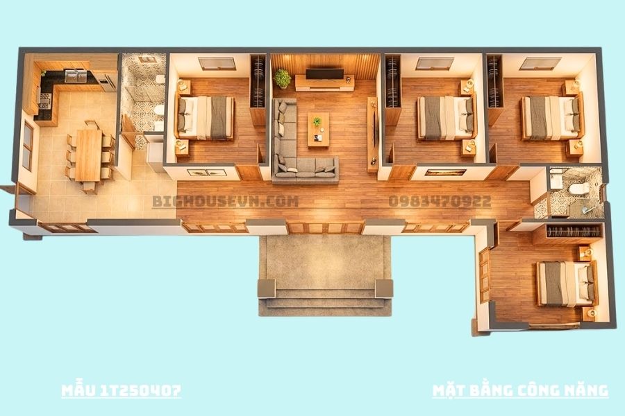 Công năng nhà cấp 4 mái nhật ngang 4PN - 20x9,6m