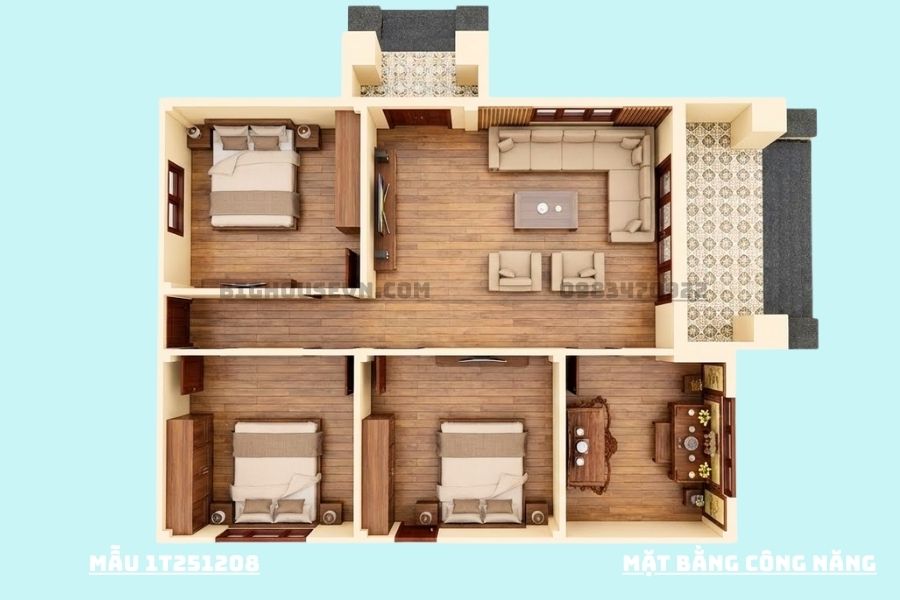 Công năng mẫu nhà cấp 4 mái nhật 90m2
