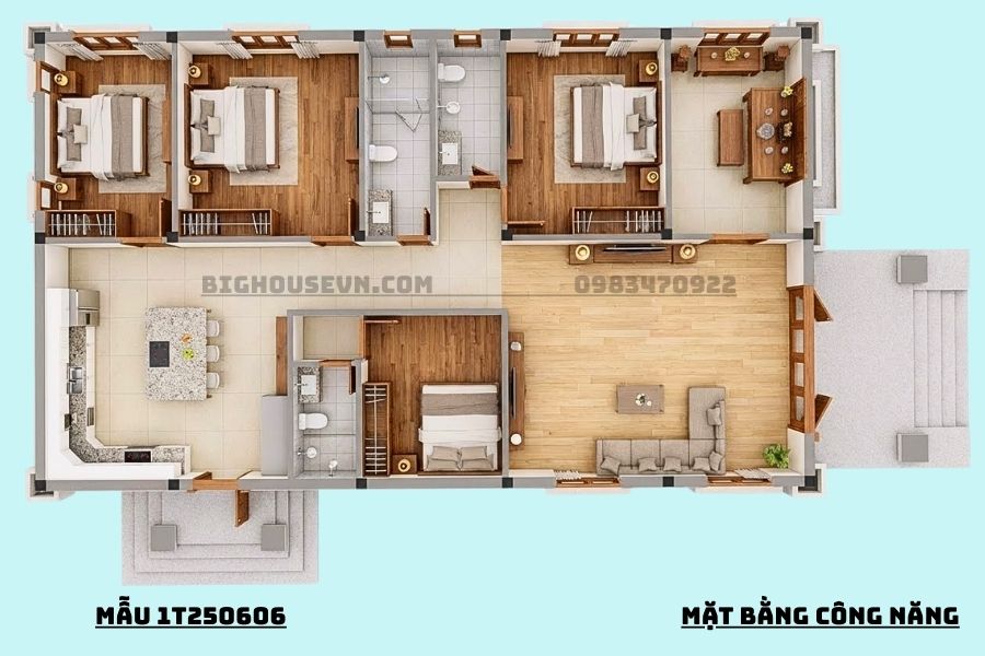 Công năng nhà cấp 4 mái nhật 1T250606