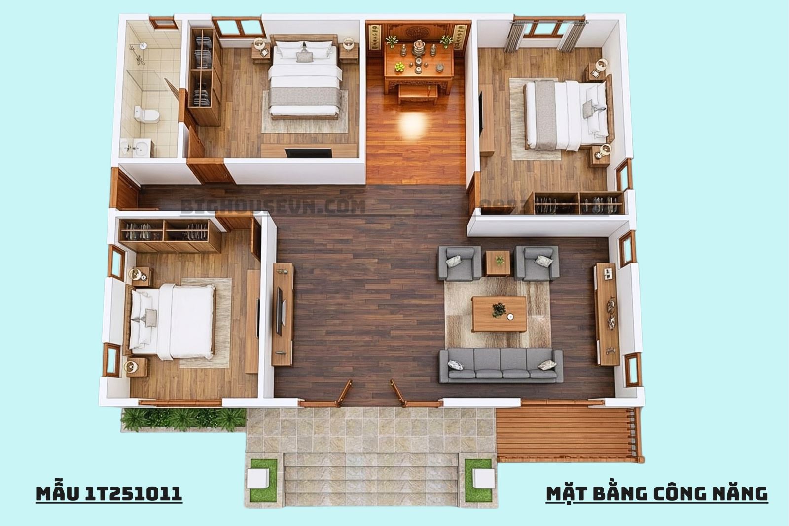 3D công năng nhà mái nhật 3 PN - 105m2