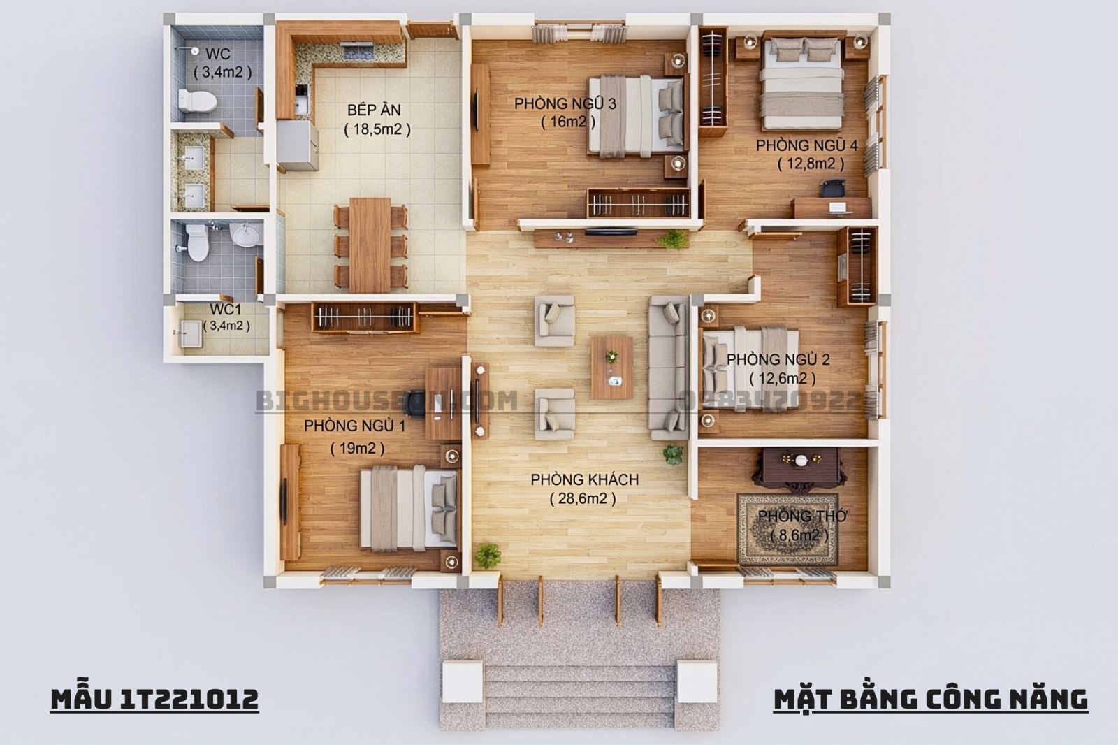 3D Công năng nhà mái nhật 4 PN -154m2