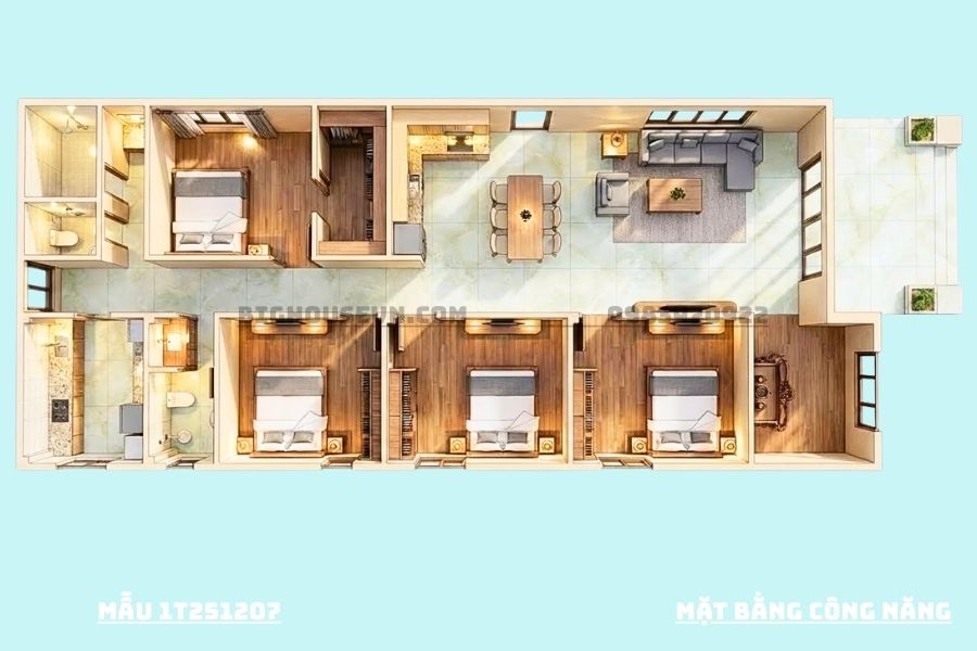 Công năng hồ sơ nhà cấp 4 mái nhật 4PN - 156m2