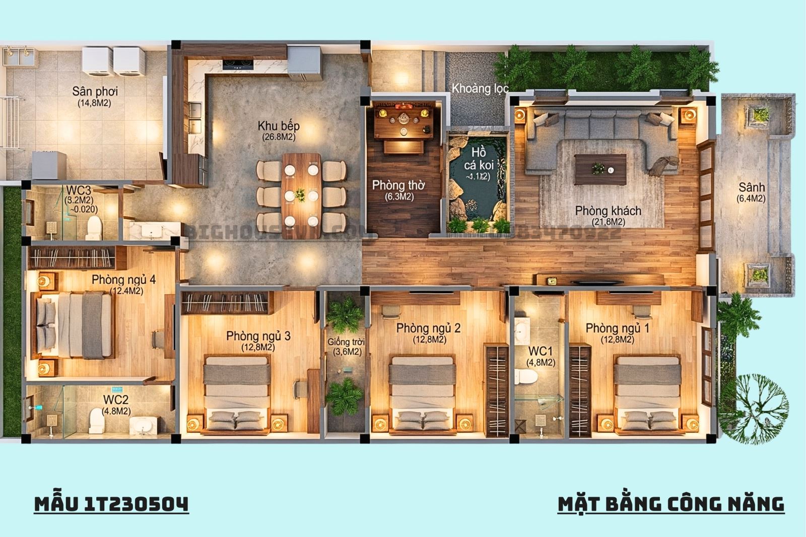 3D công năng mẫu mái nhật 4PN - mặt tiền 10m