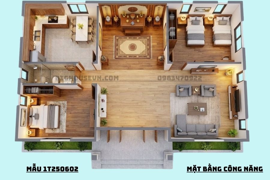 Công năng nhà cấp 4 mái nhật - 1T250602