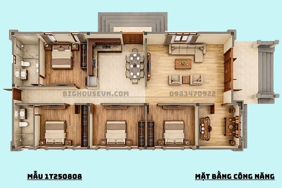 Công năng nhà cấp 4 mẫu 1T250808