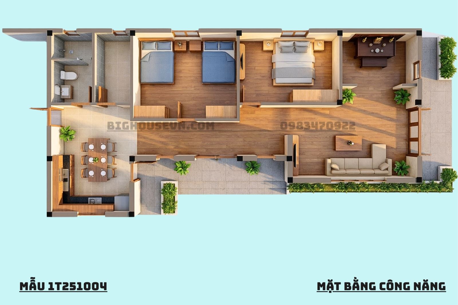 3D công năng nhà cấp 4 mái nhật 2 PN - 1T251004