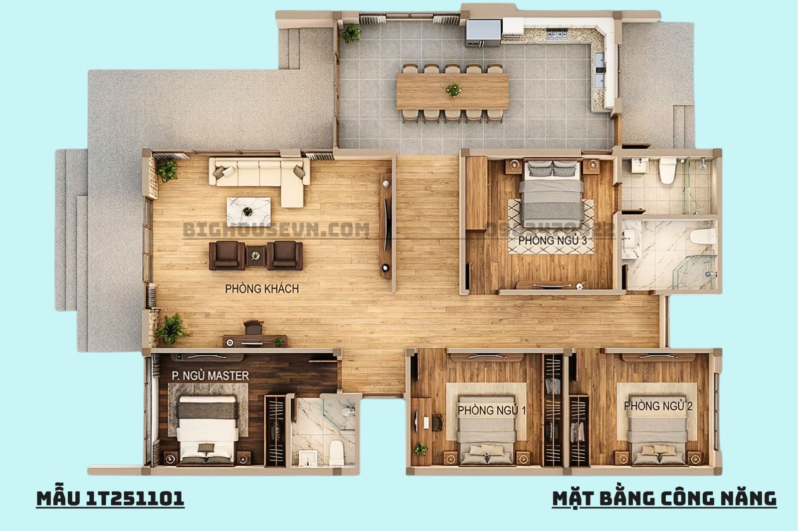 3D công năng mẫu nhà vườn 4PN -12,8 x 16m