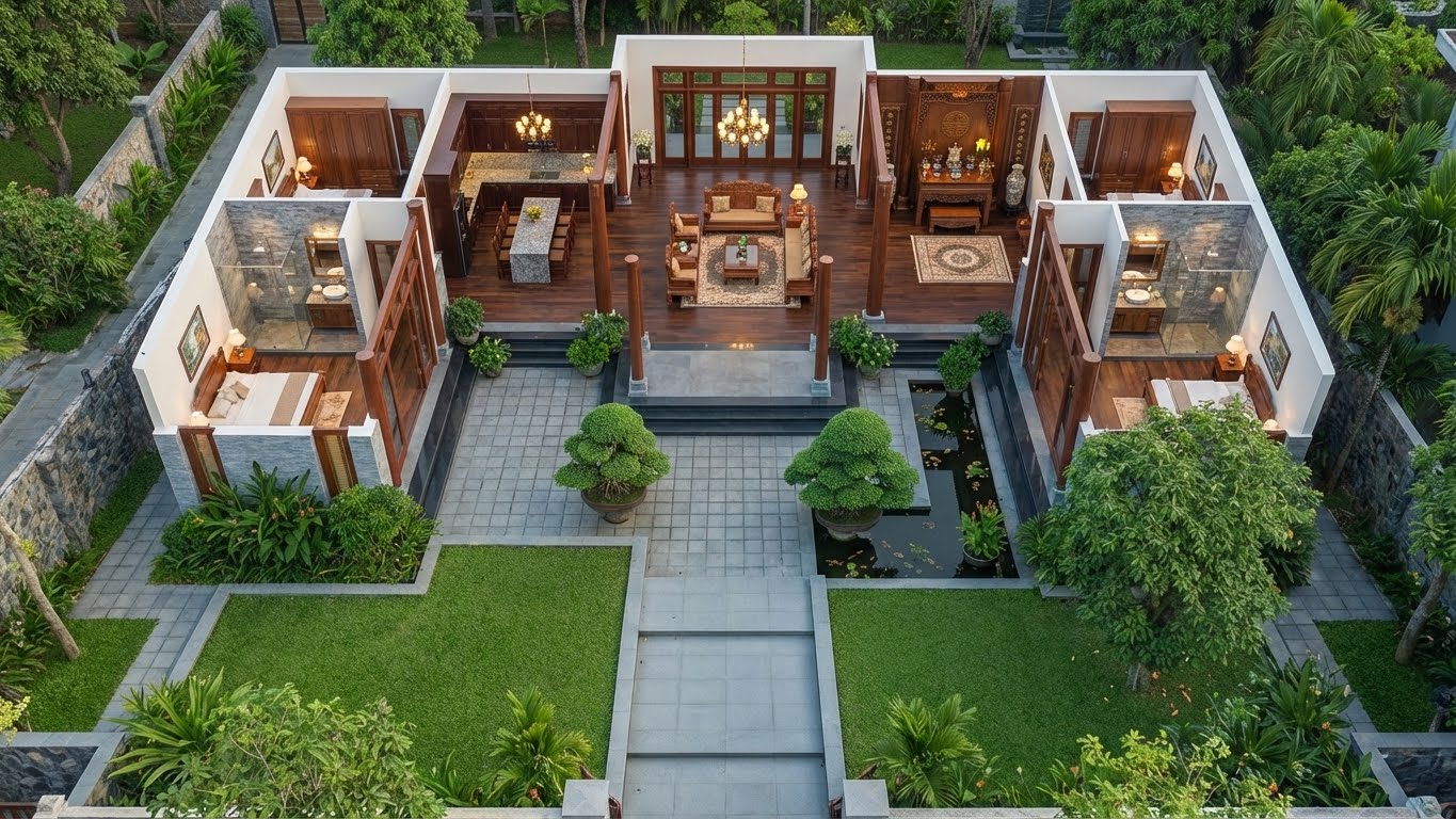 Công năng Mẫu nhà chữ U 200m2 sang trọng mái Việt Nam