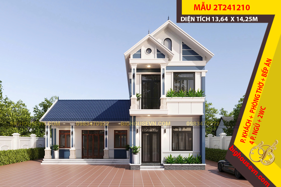 MẪU NHÀ 3 GIAN KẾT HỢP NHÀ 2 TẦNG MÁI THÁI 13,64 X 14,25M - 2T241210