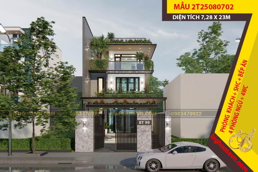 MẪU NHÀ PHỐ HIỆN ĐẠI 2 TẦNG 1 TUM 7,28 X 23M - 2T25080702
