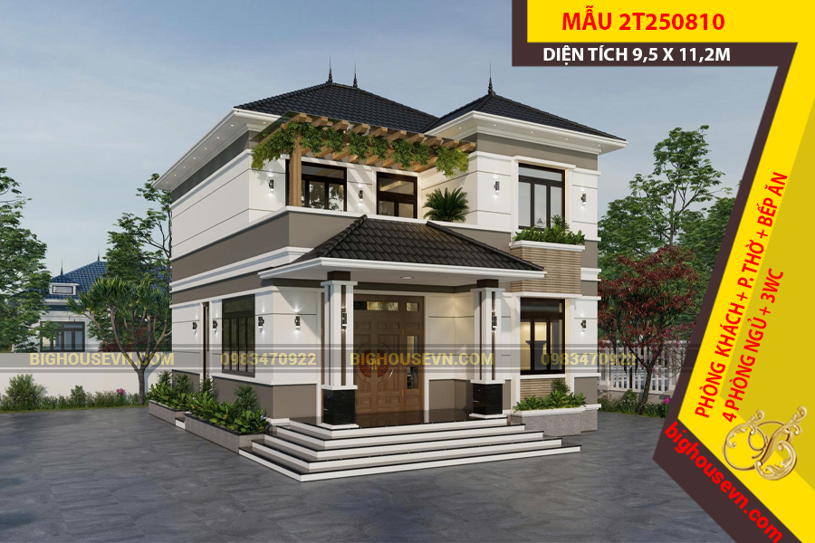 MẪU NHÀ 2 TẦNG MÁI NHẬT 9,5 X 11,2M - 2T250810