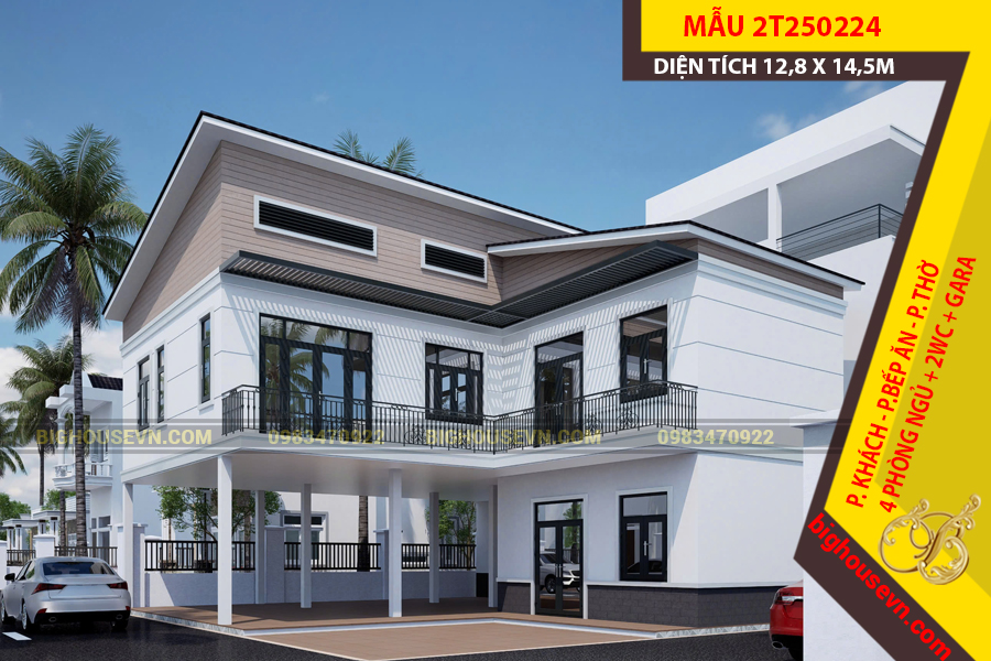 MẪU NHÀ 2 TẦNG MÁI VÁT CHỮ L 12,8 X 14,5M - 2T250224