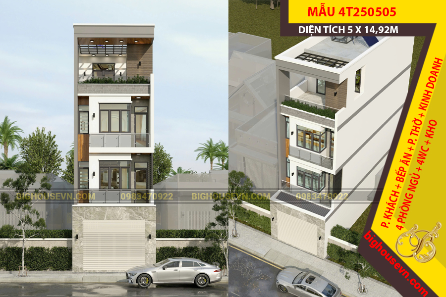 MẪU NHÀ PHỐ 4 TẦNG KẾT HỢP KINH DOANH 5 X 14,92M - 4T250505