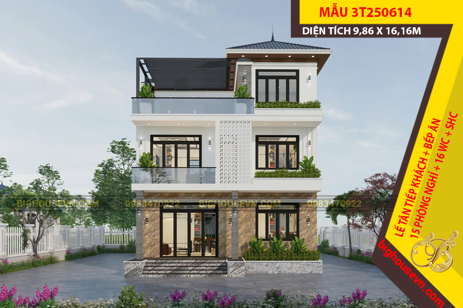 MẪU NHÀ NGHỈ 3 TẦNG MÁI NHẬT 9,86 X 16,16M - 3T250614