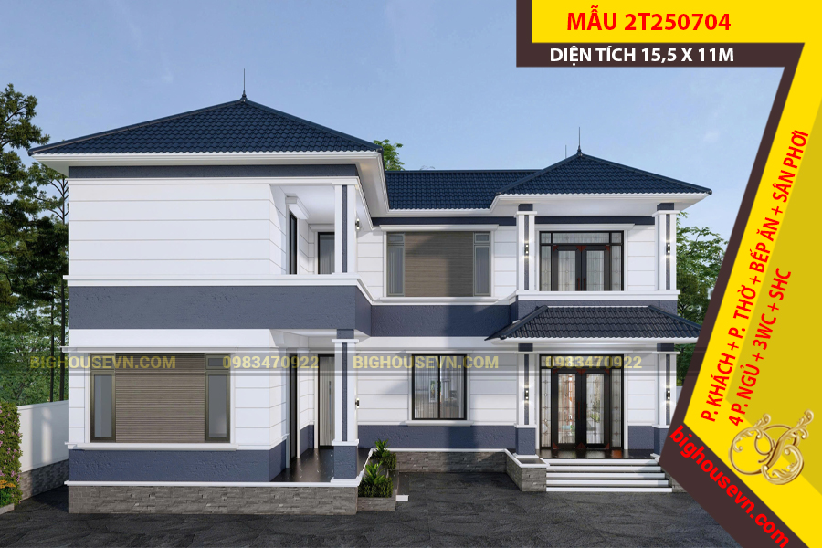 MẪU NHÀ 2 TẦNG MÁI NHẬT CHỮ L 15,5X11M - 1T250704