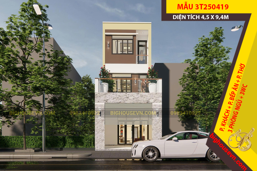 MẪU NHÀ PHỐ GÁC LỬNG 3 TẦNG 4,5 X 9,4M - 3T250419