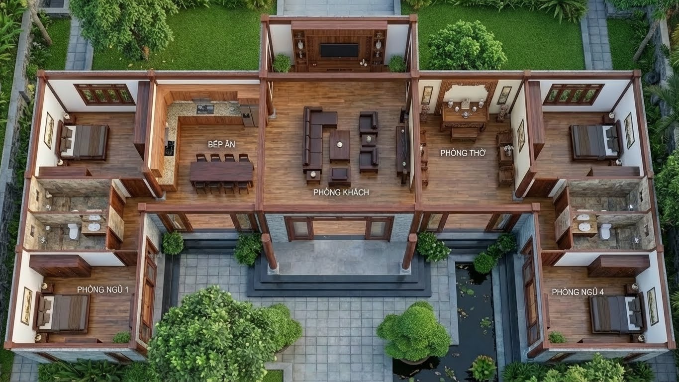 Mặt bằng công năng PA2 mẫu nhà cấp 4 chữ U - 1T251118