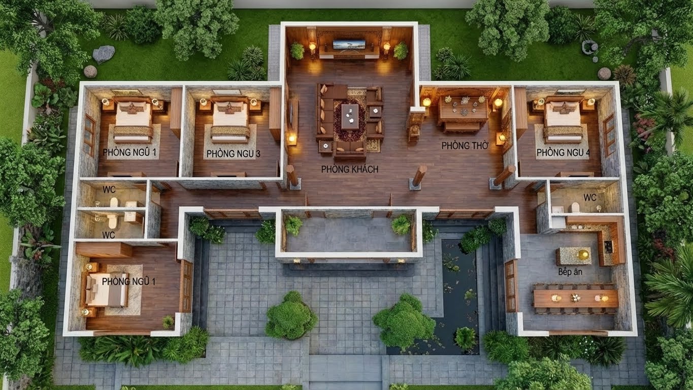 Mặt bằng công năng PA3 mẫu nhà cấp 4 chữ U sân vờn mái ngói đỏ Việt Nam