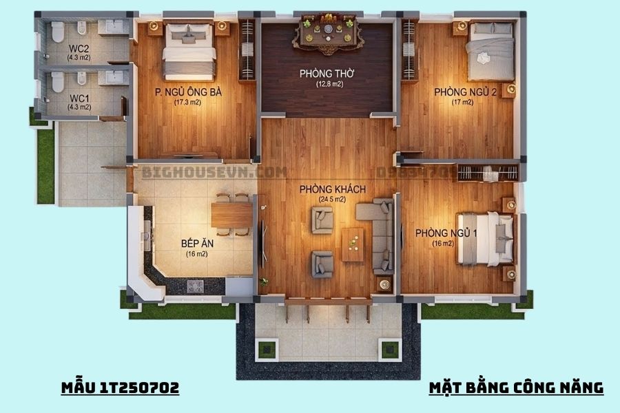 công năng mẫu nhà cấp 4 - 3 PN 1T250702