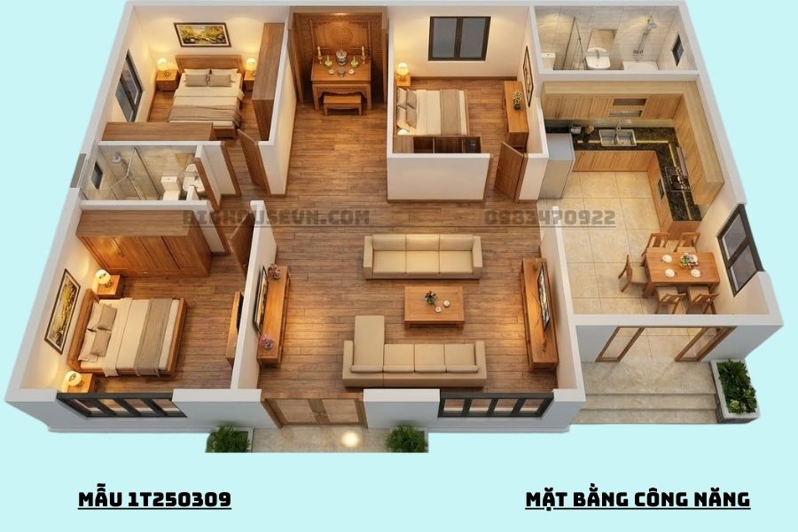 Công năng mẫu nhà cấp 4-3 PN 1T250309