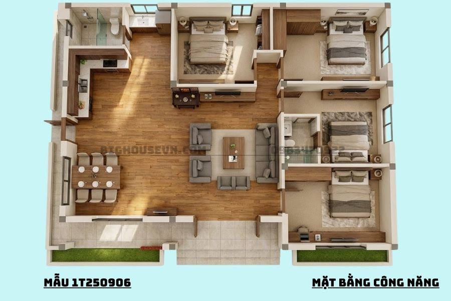 Công năng nhà cấp 4 hiện đại - 4 phòng ngủ