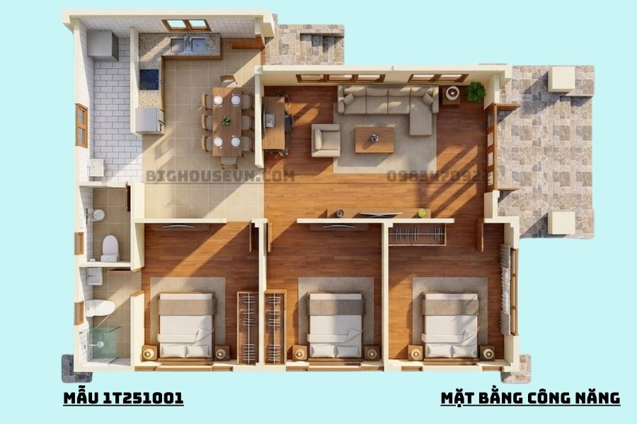 Công năng mẫu nhà cấp 4 mái nhật 3 PN - 1T251001