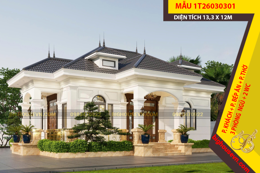 THIẾT KẾ NHÀ 1 TẦNG MÁI NHẬT TÂN CỔ 13,3 X 12M - 1T26030301