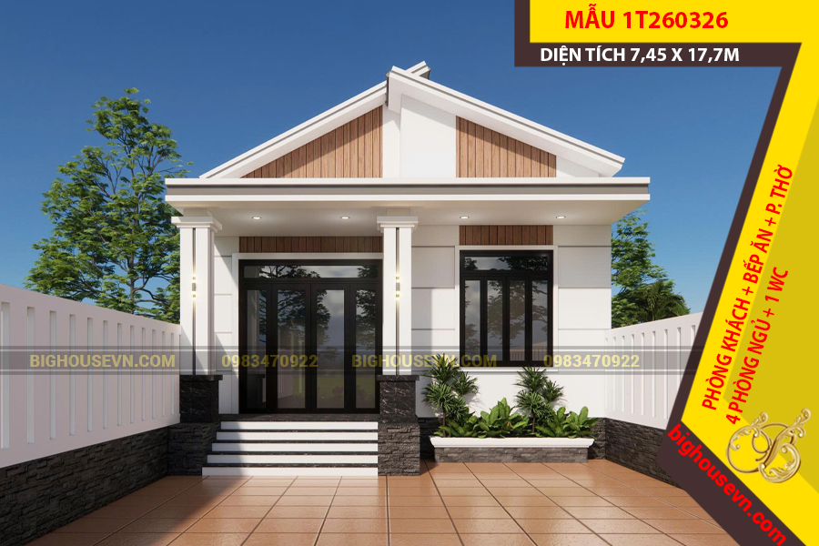 MẪU NHÀ CẤP 4 MÁI LỆCH 128M2 - 1T260326