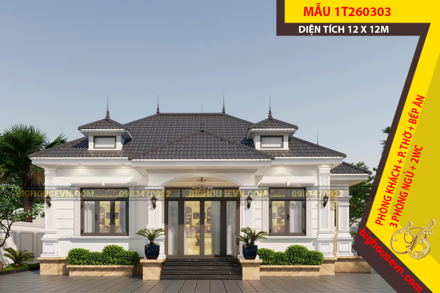MẪU NHÀ CẤP 4 MÁI NHẬT TÂN CỔ 12X12M - 1T260303