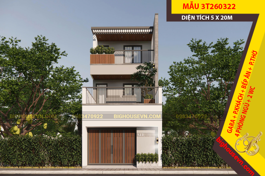 THIẾT KẾ NHÀ PHỐ 2 TẦNG 1 TUM 5 X 20M - 2T260322