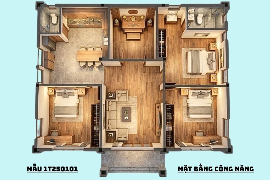 Mặt bằng công năng mẫu cấp 4 mái nhật 3 ngủ