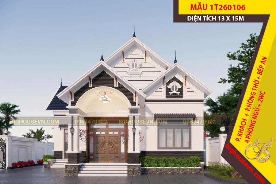 THIẾT KẾ NHÀ CẤP 4 MÁI THÁI CHỮ L 168M2 - 1T260106