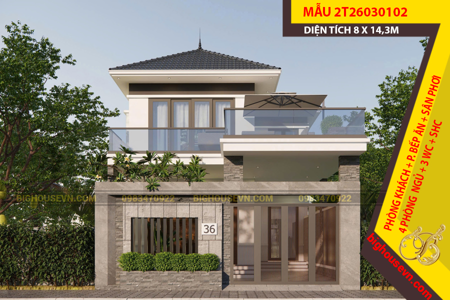 THIẾT KẾ NHÀ 2 TẦNG MÁI NHẬT 8 X 14,3M - 2T26030102