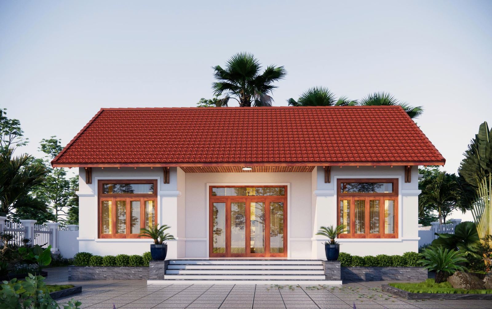 Mặt đứng chính nhà 3 gian truyền thống mái ngói đỏ 1T251008