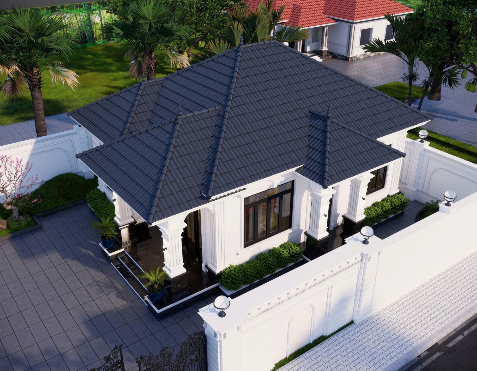 Tổng thể mẫu nhà vườn 90m2 mái nhạt 3PN